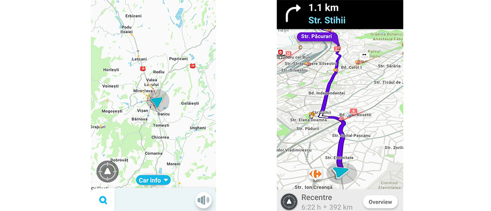 Two GPS navigation screens showing different map views; one on a regional scale and another with a detailed local route in an urban area.