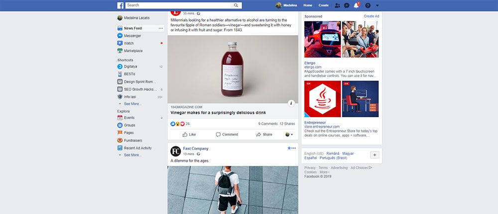 Facebook page showing a post with a red bottled drink. The left sidebar has various menu options, and multiple posts are visible on the timeline.