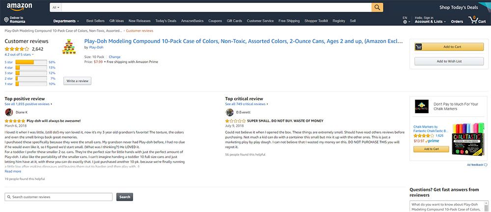 Amazon product reviews page displaying various customer ratings and feedback for Play-Doh Modeling Compound.