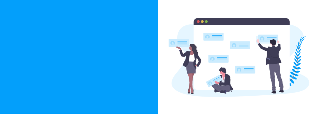 Illustration of three business people organizing digital profiles on a large screen, with a blue background on the left.