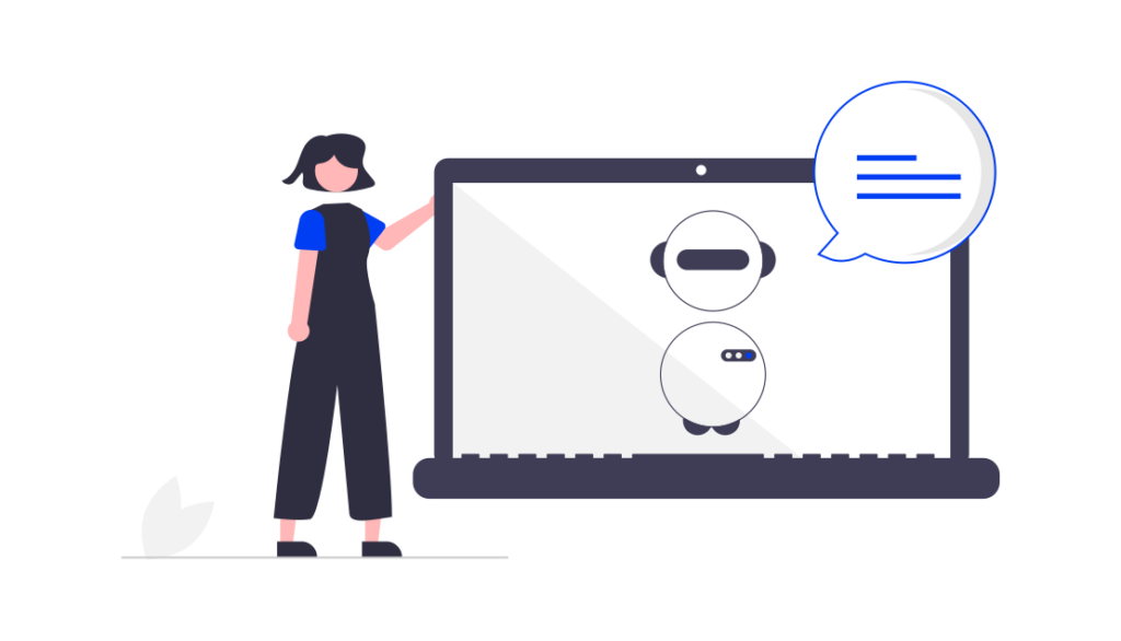 Illustration of a woman standing beside a large laptop displaying two chatbots, with a speech bubble indicating conversation.