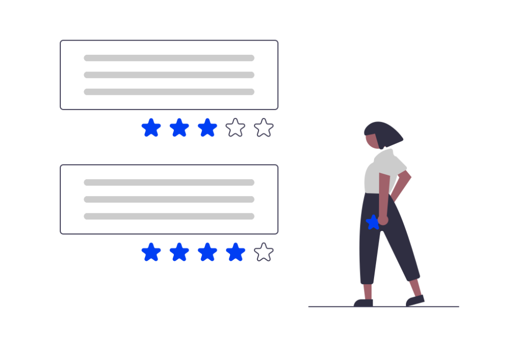 Illustration of a person standing beside two rating boxes, each with star ratings. One box has four stars, the other has five stars.