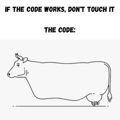 Cartoon of an oddly shaped cow with text: "If the code works, don’t touch it. The code:" suggesting functional but inefficient code.