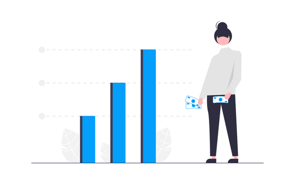 Illustration of a person holding money against a backdrop of an ascending bar chart, symbolizing financial growth.
