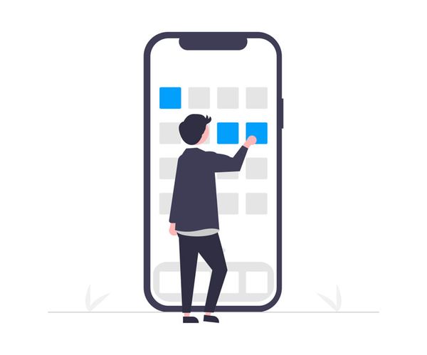 Illustration of a person interacting with a large smartphone screen, tapping on blue squares resembling app icons or a grid layout.