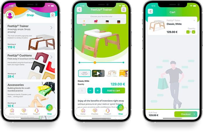 Three smartphone screens display a shopping app: product list, detailed view of a FeetUp Trainer, and a cart ready for checkout at 120.00 €.