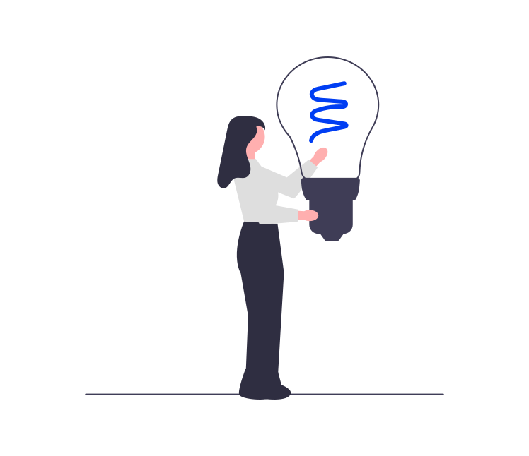 Illustration of a person holding a large light bulb with a blue filament, symbolizing a bright idea or creativity.
