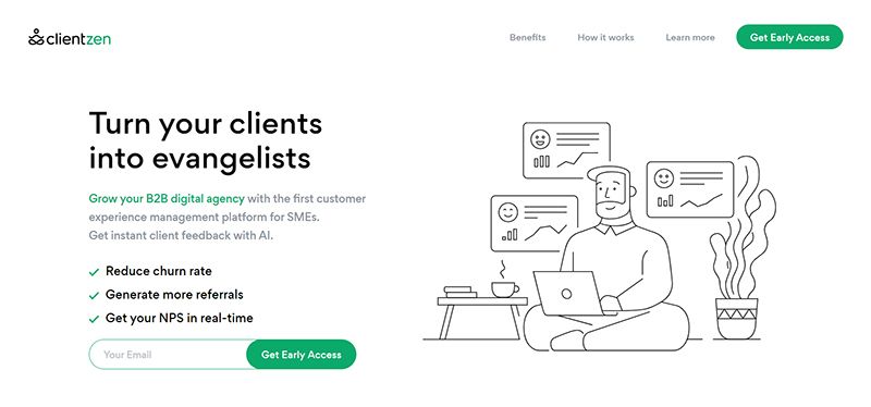 Illustration of a person using a laptop, surrounded by chat bubbles and a plant. Text promotes a digital agency platform for client feedback.