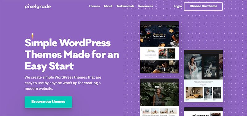 Promotional webpage for Pixelgrade offering simple WordPress themes, featuring a call-to-action button and theme previews on a purple background.