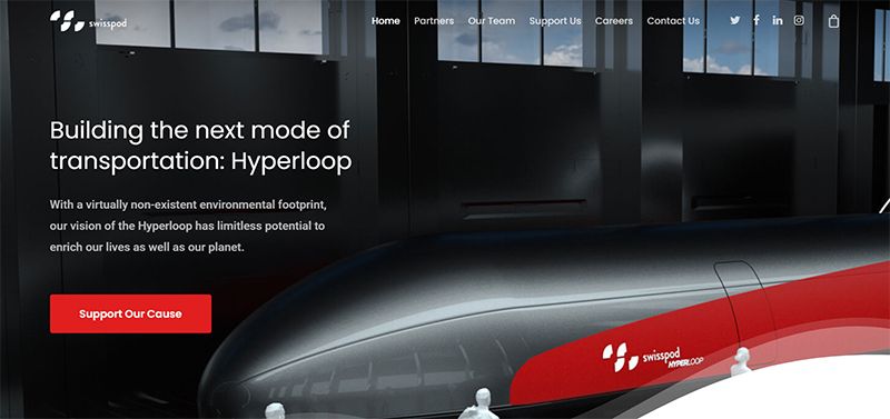 Futuristic Hyperloop train promo, highlighting environmental benefits. Features a sleek pod design and a red "Support Our Cause" button.