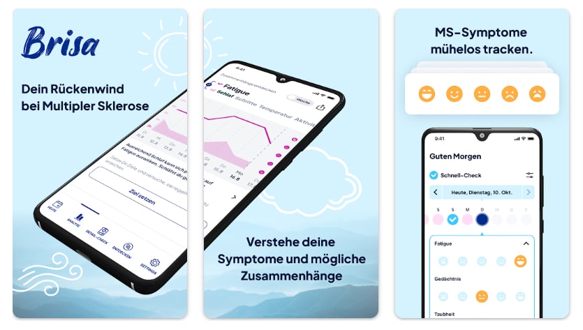 Mobile app interface for Brisa, designed to track and analyze multiple sclerosis symptoms, featuring graphs and mood icons.