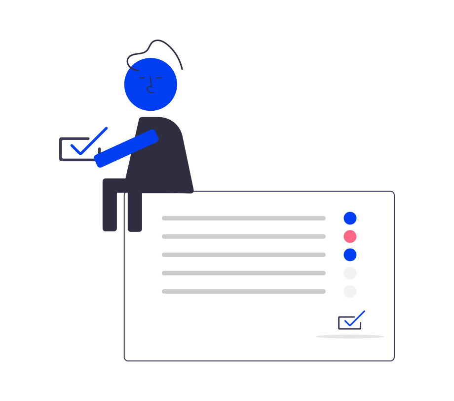 Illustration of a blue figure sitting atop a large checklist, holding a checked box. The checklist has colored dots and lines indicating tasks.