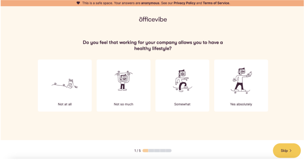 Survey question from Officevibe asks about work-life balance, offering four response options: "Not at all," "Not so much," "Somewhat," "Yes absolutely."