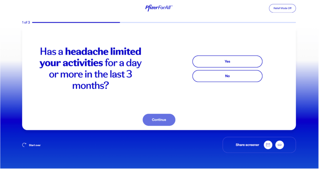 Survey screen asking if a headache has limited activities for a day or more in the last 3 months, with "Yes" and "No" options and a "Continue" button.