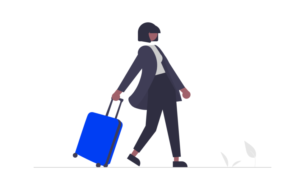 Illustration of a person in a dark outfit walking with a blue suitcase, against a white background with small plant drawings.