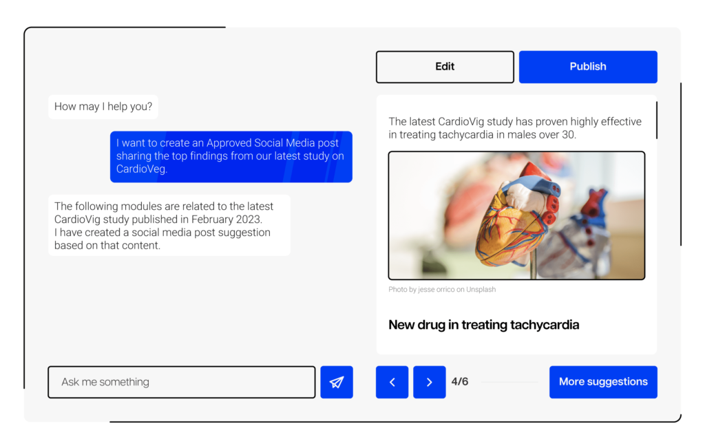 Chat interface displaying a conversation about creating a social media post for a cardiology study, with an image of a heart.