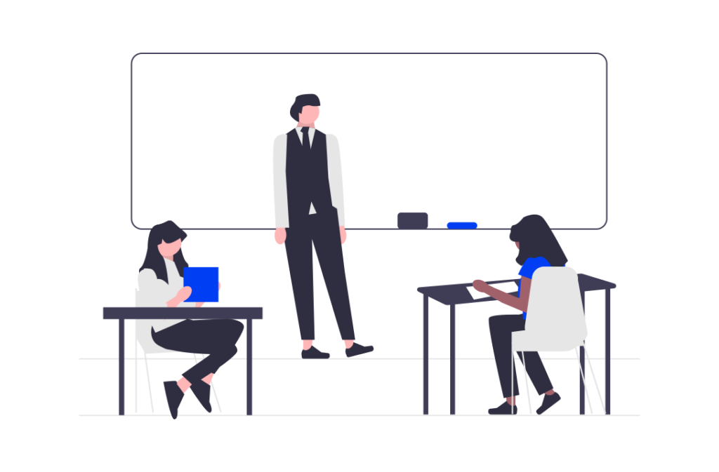 Illustration of a teacher standing at a whiteboard, with two students seated at desks in a classroom, both holding tablets.