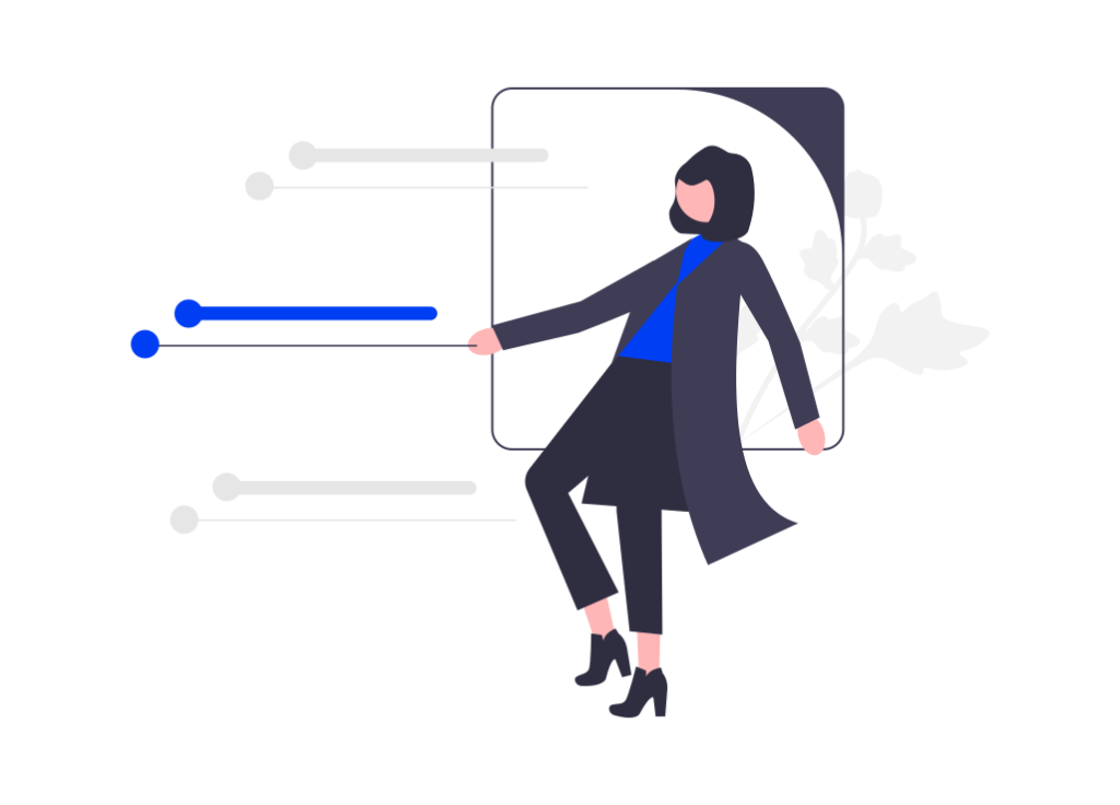 Illustration of a woman in a dark coat and heels, interacting with digital elements, symbolizing technology and innovation.
