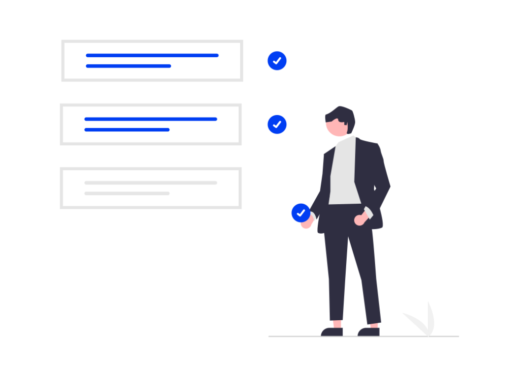 Illustration of a person in a suit standing next to a checklist with three items, each marked with a blue checkmark.