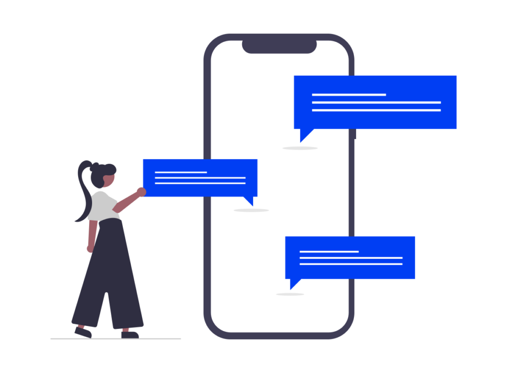 Illustration of a woman interacting with large smartphone displaying blue chat bubbles, symbolizing communication via messaging apps.
