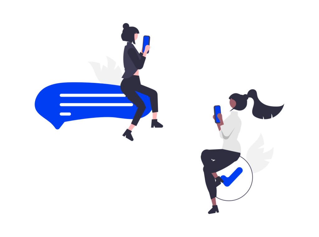 Two illustrated women using smartphones, one sitting on a large blue chat bubble, the other on a checkmark.