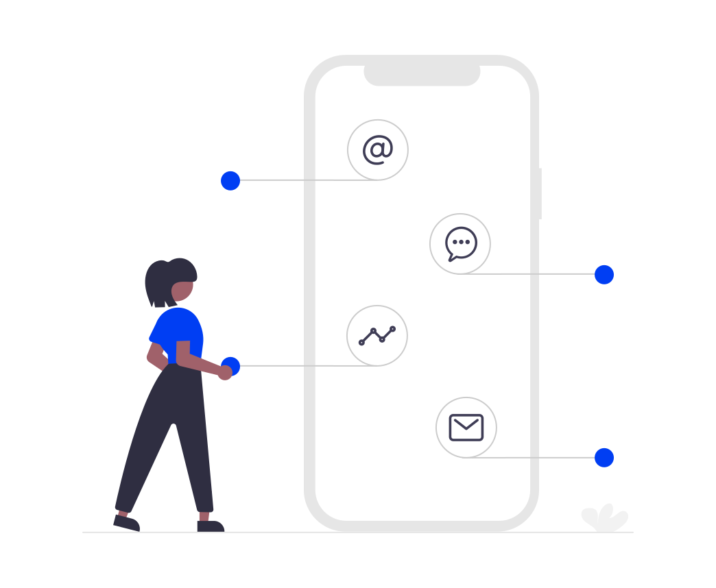 Illustration of a person standing beside a large smartphone displaying icons for email, chat, analytics, and contacts, connected by lines.