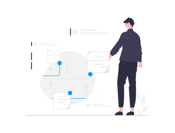 Person interacting with a digital diagram, featuring connected nodes and text boxes, on a screen.