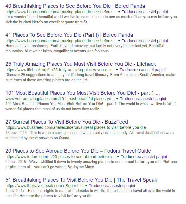 Search results of articles listing places to visit before you die, with titles and brief summaries from various websites.