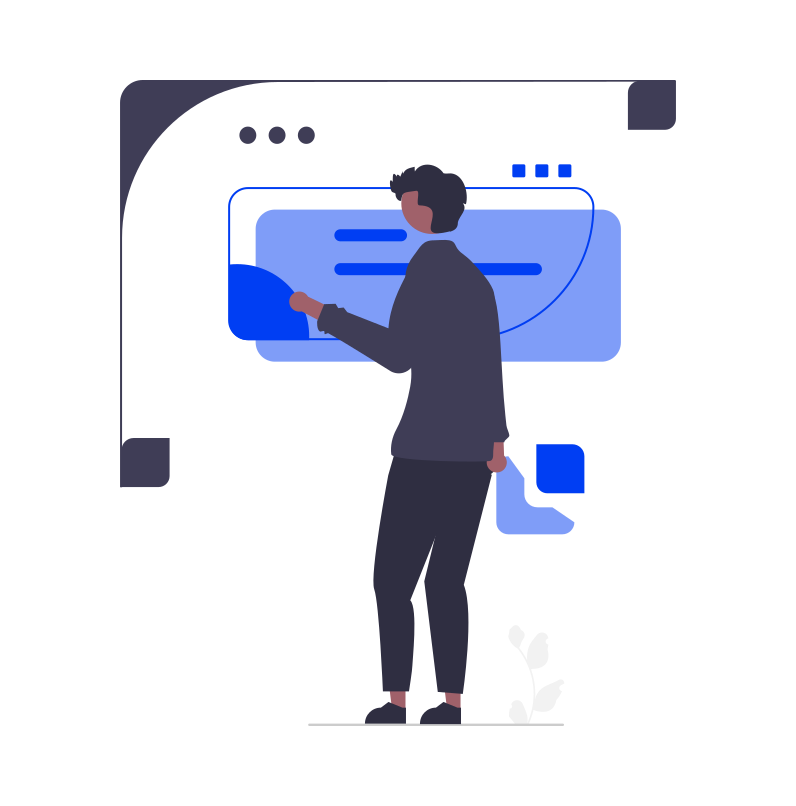 Illustration of a person interacting with a digital interface, pointing at a large, floating blue dialog box with abstract shapes and lines.