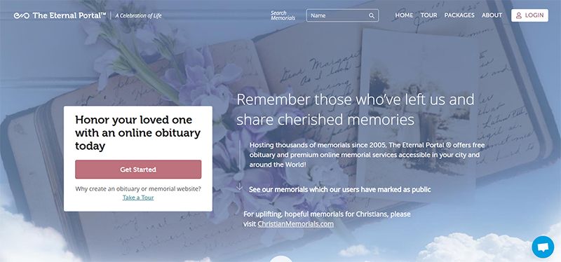 Website homepage for "The Eternal Portal" offering online obituaries and memorials, with text promoting memorial creation and sharing memories.