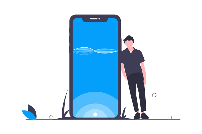 Illustration of a person leaning against a giant smartphone with a blue screen and sound waves, surrounded by abstract plants and shapes.