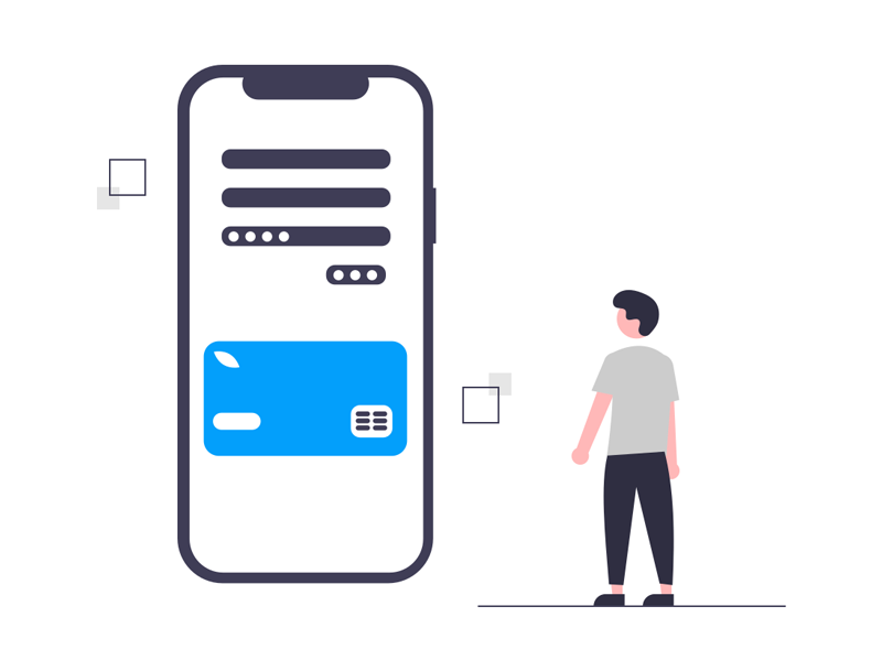 Illustration of a person looking at a large smartphone displaying a digital form and a blue credit card icon.