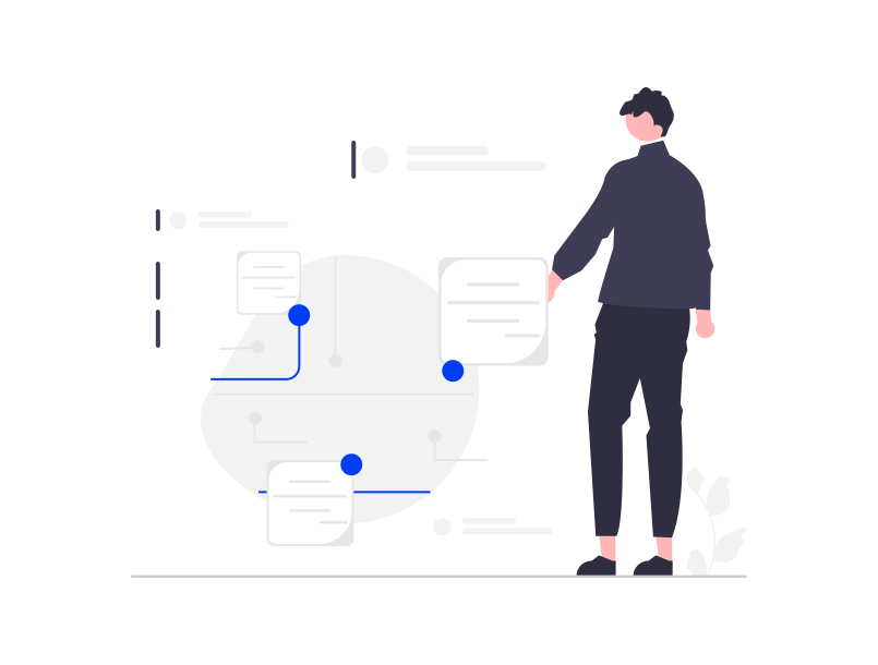 Illustration of a person interacting with a digital network diagram, featuring nodes and connecting lines, on a light background.