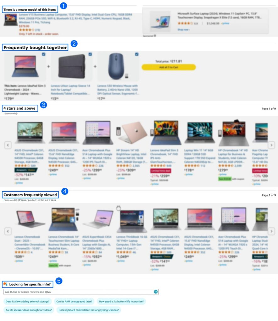 An online shopping page displaying laptops, related products, reviews, and sections like "Frequently Bought Together" and "Customers Frequently Viewed."