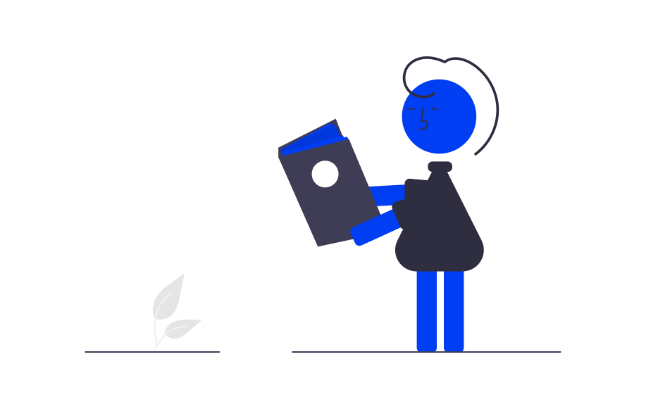 Illustration of a person with a blue head, holding a book, looking intently at a small plant sprouting from the ground.