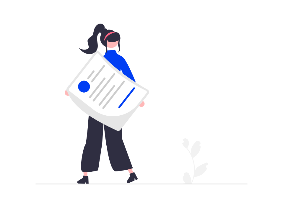 Illustration of a person with a ponytail holding a large document, dressed in blue and black, with a small plant nearby.