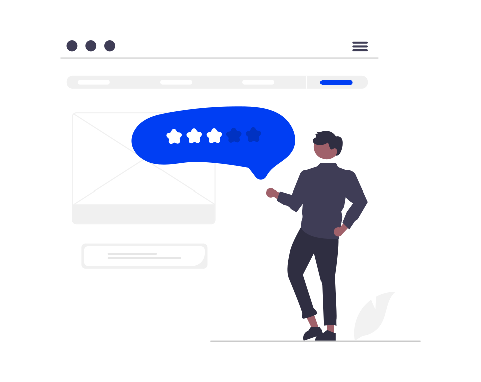 Illustration of a person standing in front of a computer screen with a speech bubble showing a three-star rating.