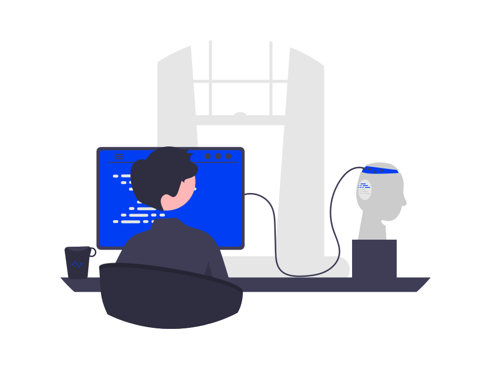 Person at a desk using a computer, connected to a mannequin head with wires, in front of a window.